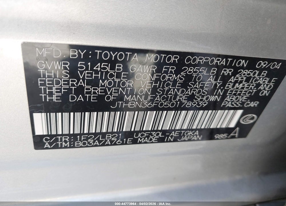 2005 LEXUS LS 430 VIN: JTHBN36F050178939