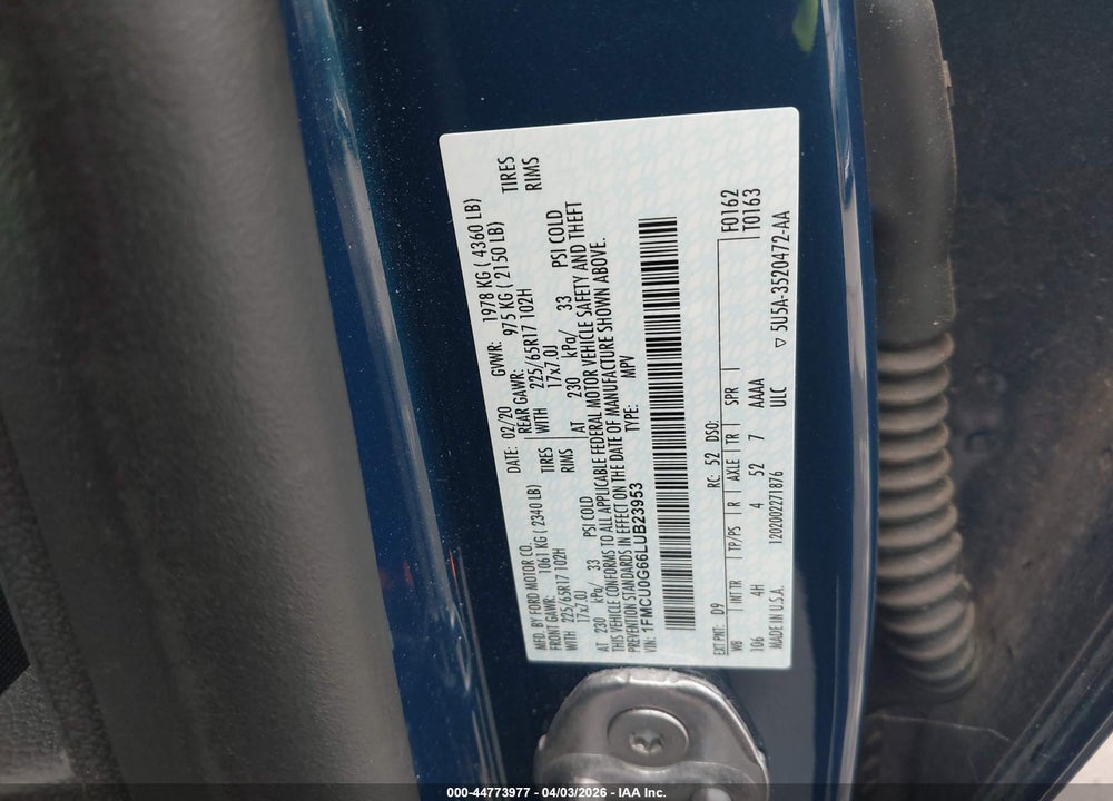 2020 FORD ESCAPE SE VIN: 1FMCU0G66LUB23953