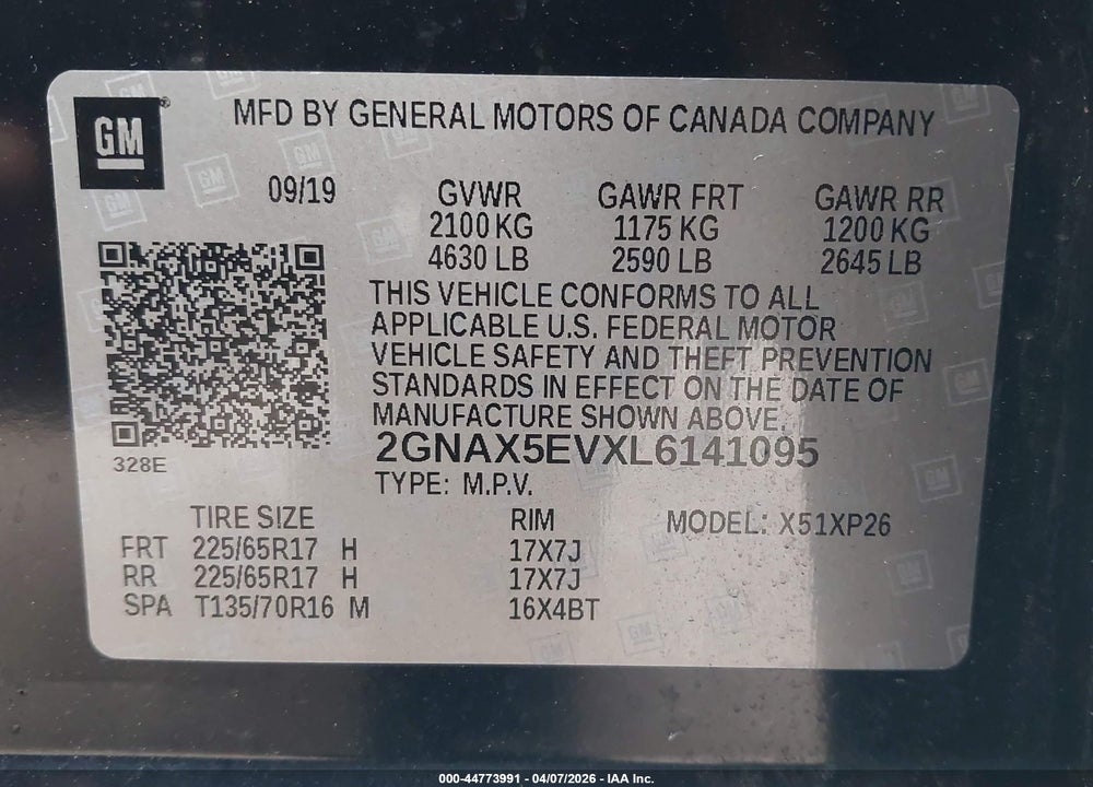 2020 CHEVROLET EQUINOX AWD 1FL VIN: 2GNAX5EVXL6141095