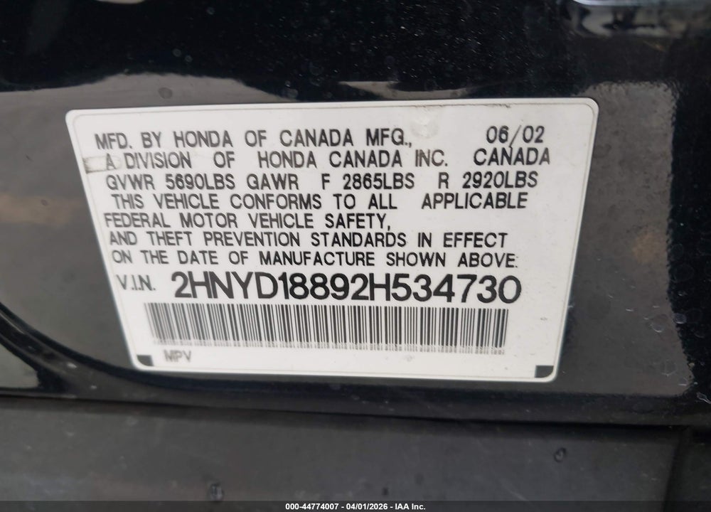 2002 ACURA MDX VIN: 2HNYD18892H534730