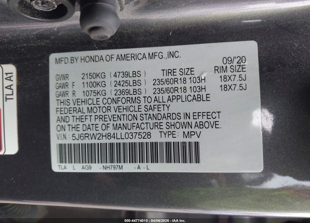 2020 HONDA CR-V AWD EX-L VIN: 5J6RW2H84LL037528