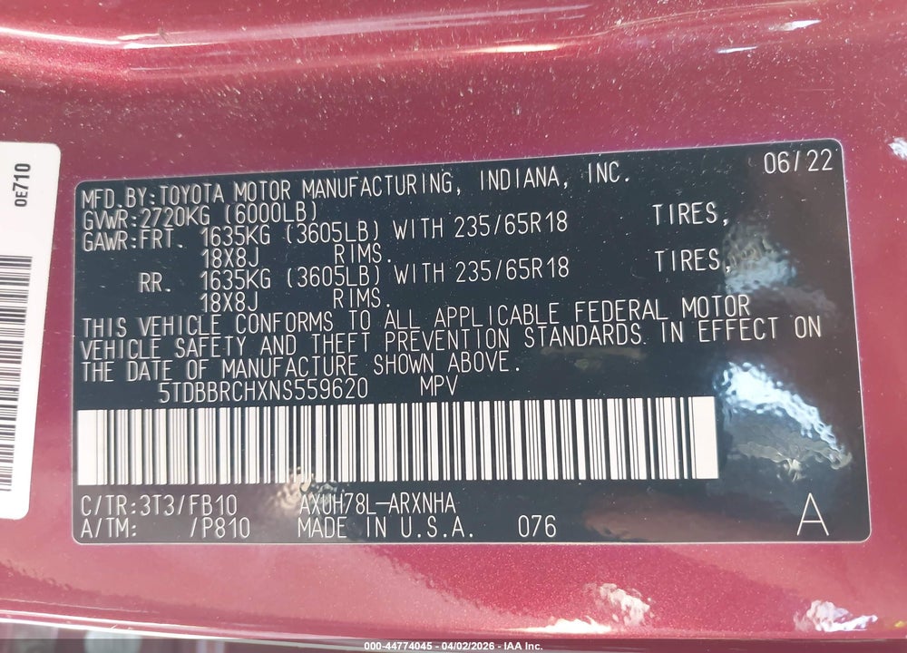 2022 TOYOTA HIGHLANDER HYBRID LE VIN: 5TDBBRCHXNS559620