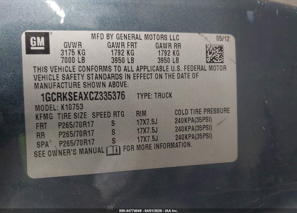 2012 CHEVROLET SILVERADO 1500 LT VIN: 1GCRKSEAXCZ335376
