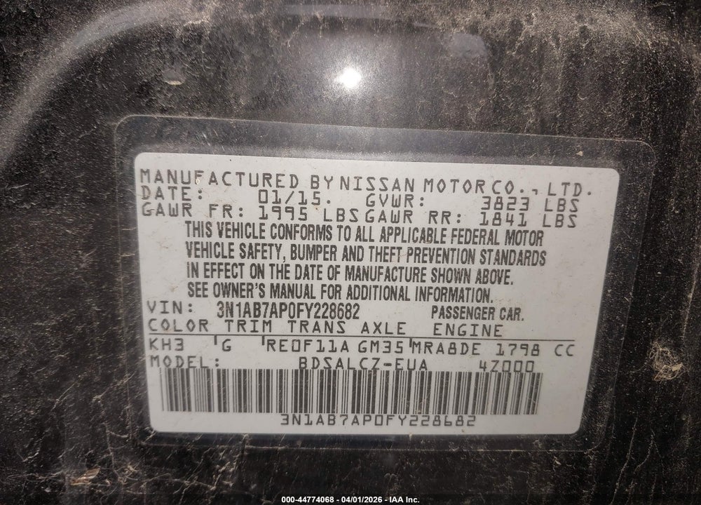 2015 NISSAN SENTRA S VIN: 3N1AB7AP0FY228682