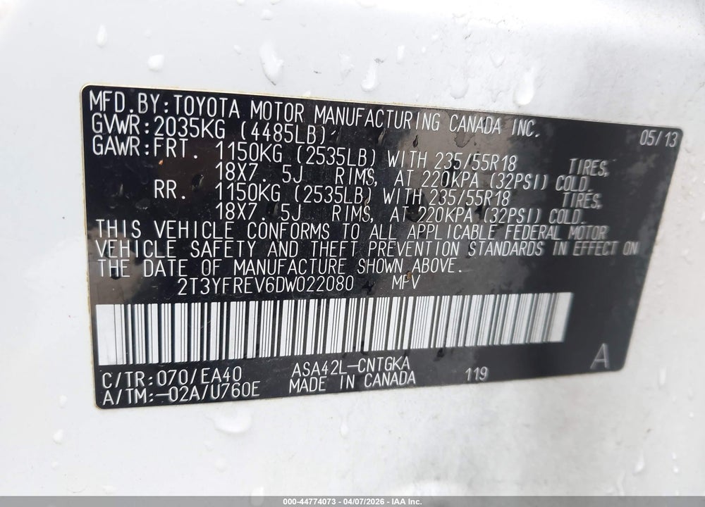 2013 TOYOTA RAV4 LIMITED VIN: 2T3YFREV6DW022080