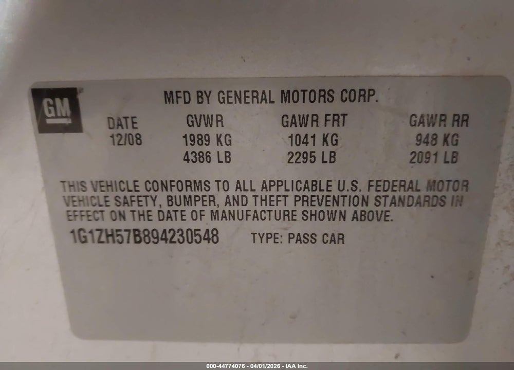 2009 CHEVROLET MALIBU LT VIN: 1G1ZH57B894230548