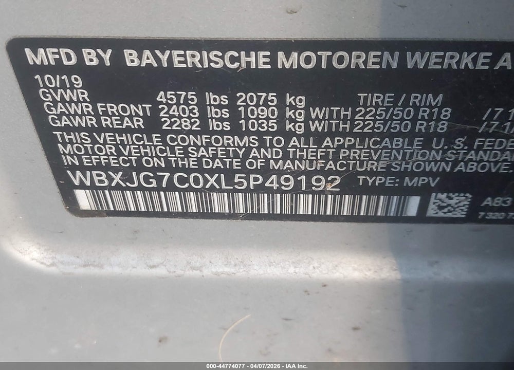 2020 BMW X1 SDRIVE28I VIN: WBXJG7C0XL5P49192