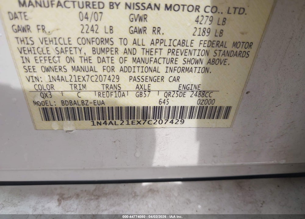 2007 NISSAN ALTIMA 2.5 S VIN: 1N4AL21EX7C207429