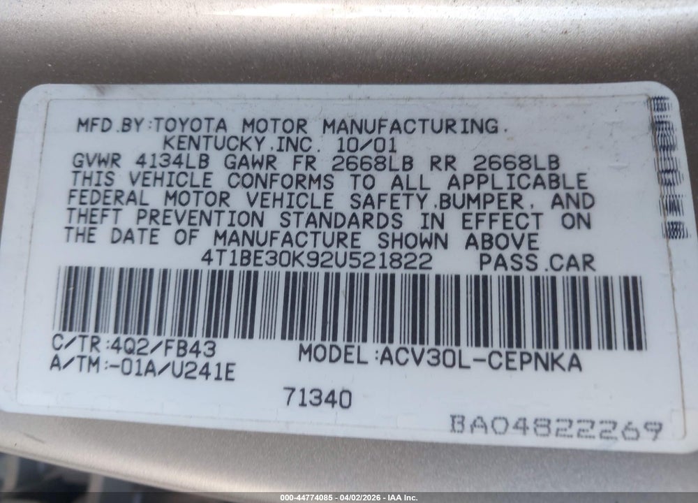 2002 TOYOTA CAMRY LE VIN: 4T1BE30K92U521822