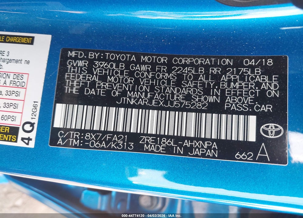 2018 TOYOTA COROLLA IM VIN: JTNKARJEXJJ575282