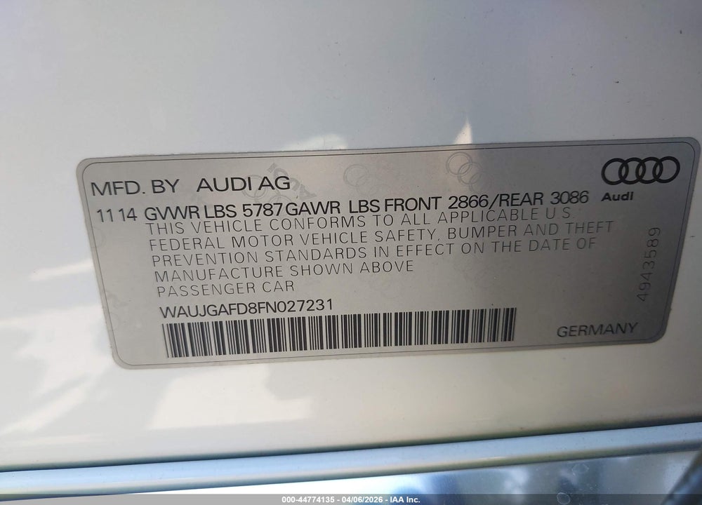 2015 AUDI A8 3.0T VIN: WAUJGAFD8FN027231