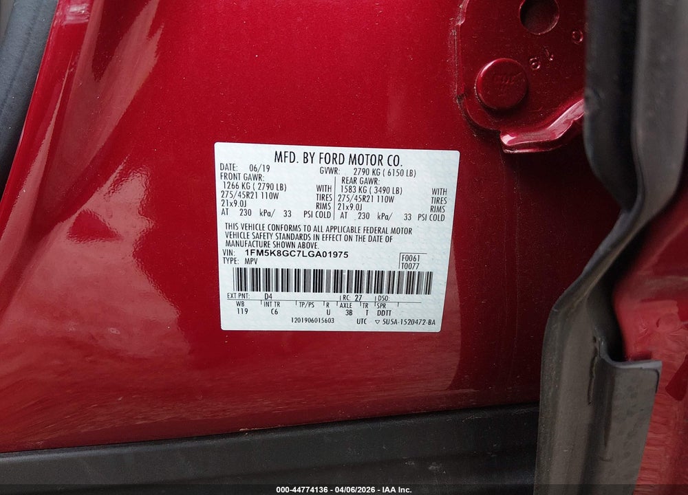 2020 FORD EXPLORER ST VIN: 1FM5K8GC7LGA01975