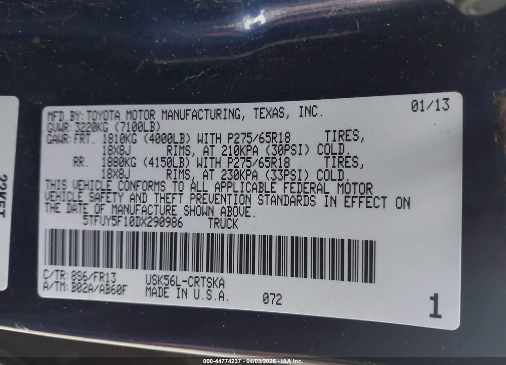 2013 TOYOTA TUNDRA GRADE 5.7L V8 VIN: 5TFUY5F10DX290986