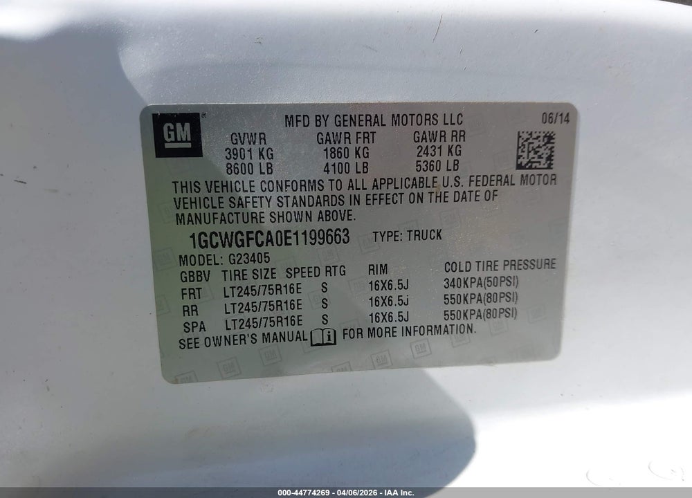 2014 CHEVROLET EXPRESS 2500 WORK VAN VIN: 1GCWGFCA0E1199663