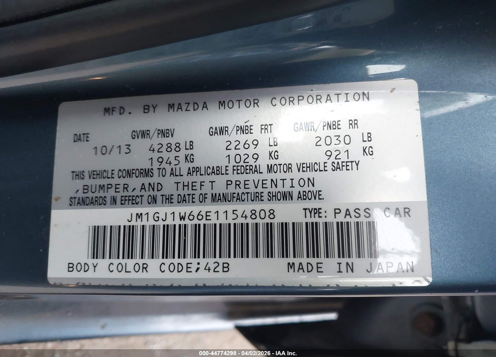 2014 MAZDA 6 I GRAND TOURING VIN: JM1GJ1W66E1154808