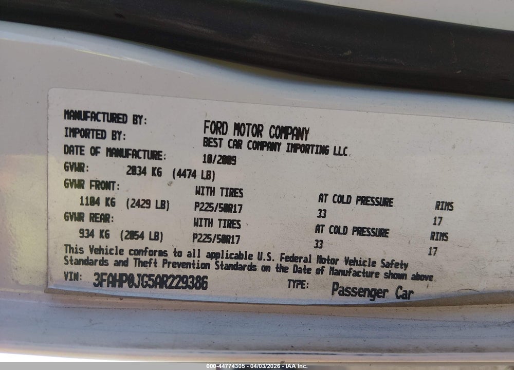 2010 FORD FUSION SEL VIN: 3FAHP0JG5AR229386