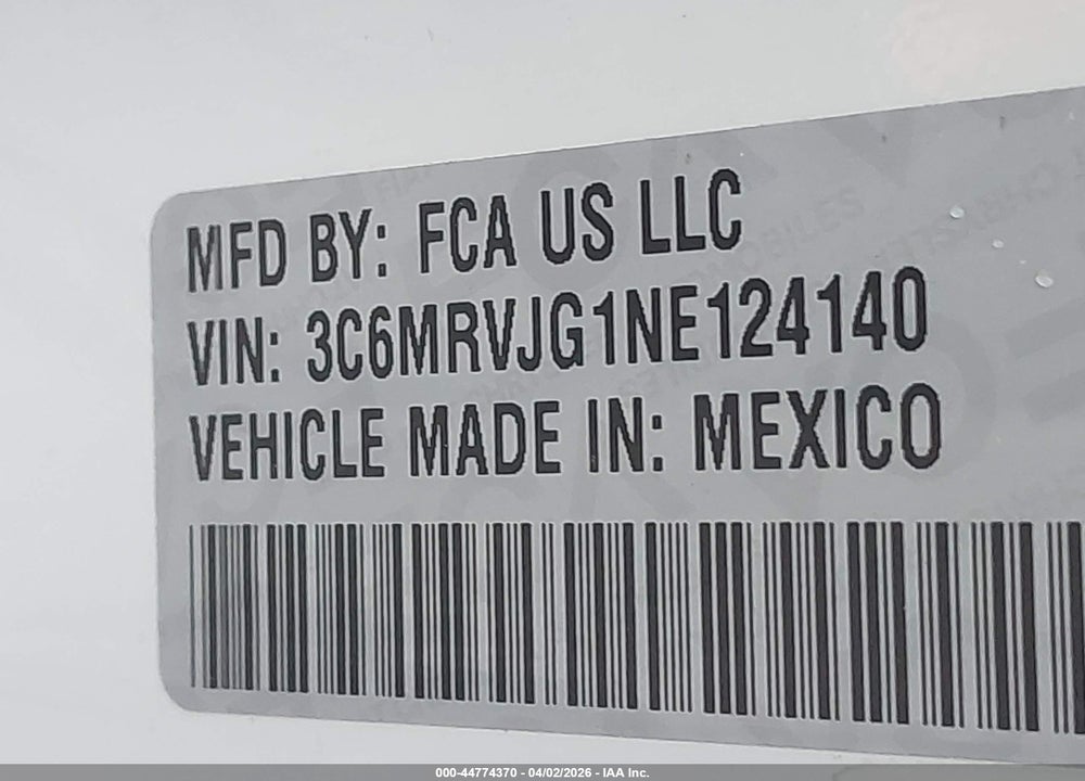 2022 RAM PROMASTER CARGO VAN VIN: 3C6MRVJG1NE124140