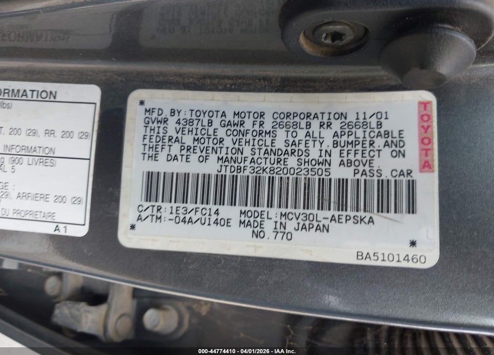 2002 TOYOTA CAMRY SE V6 VIN: JTDBF32K820023505