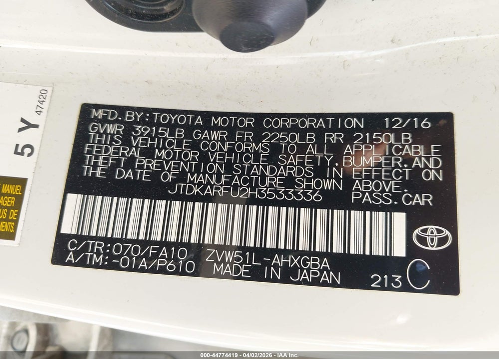 2017 TOYOTA PRIUS THREE VIN: JTDKARFU2H3533336