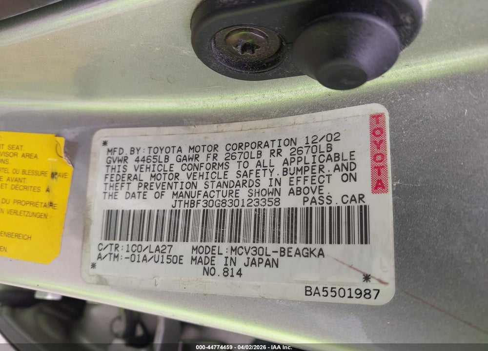 2003 LEXUS ES 300 VIN: JTHBF30G830123358
