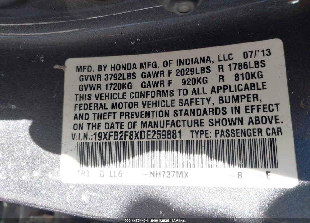 2013 HONDA CIVIC EX VIN: 19XFB2F8XDE259881