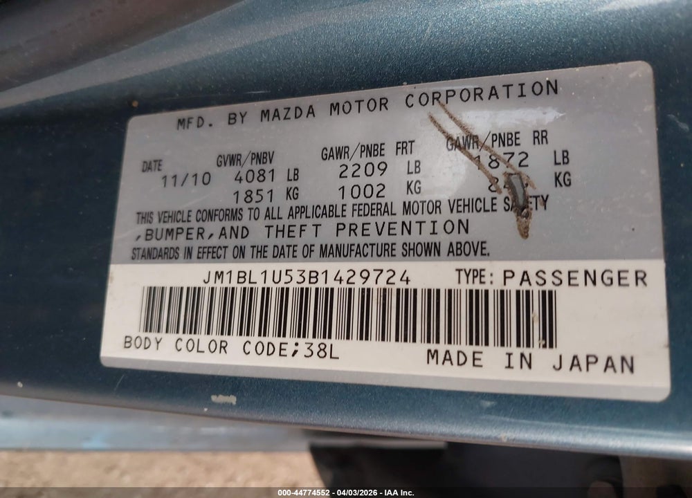2011 MAZDA 3 S SPORT VIN: JM1BL1U53B1429724