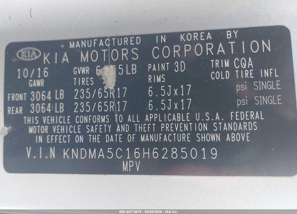 2017 KIA SEDONA L VIN: KNDMA5C16H6285019