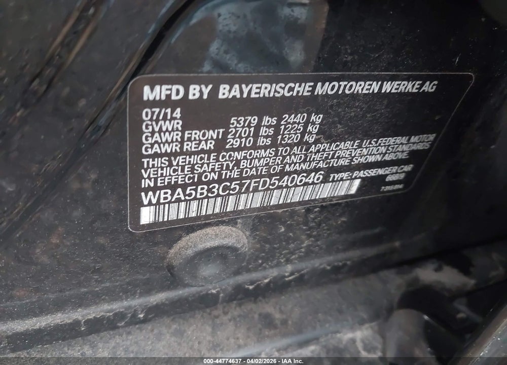 2015 BMW 535I XDRIVE VIN: WBA5B3C57FD540646