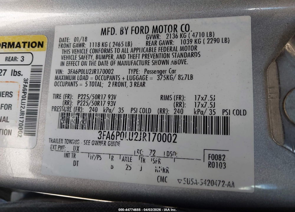 2018 FORD FUSION HYBRID SE VIN: 3FA6P0LU2JR170002