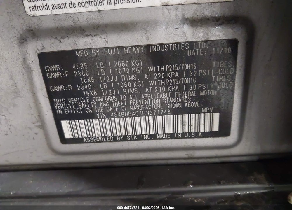 2011 SUBARU OUTBACK 2.5I VIN: 4S4BRBAC1B3371748