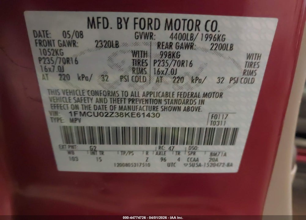 2008 FORD ESCAPE XLS/XLS MANUAL VIN: 1FMCU02Z38KE61430