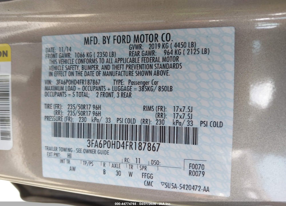 2015 FORD FUSION SE VIN: 3FA6P0HD4FR187867