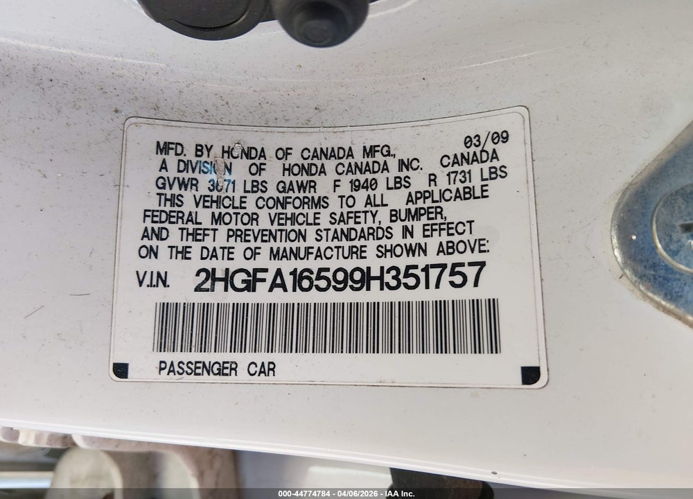 2009 HONDA CIVIC LX VIN: 2HGFA16599H351757