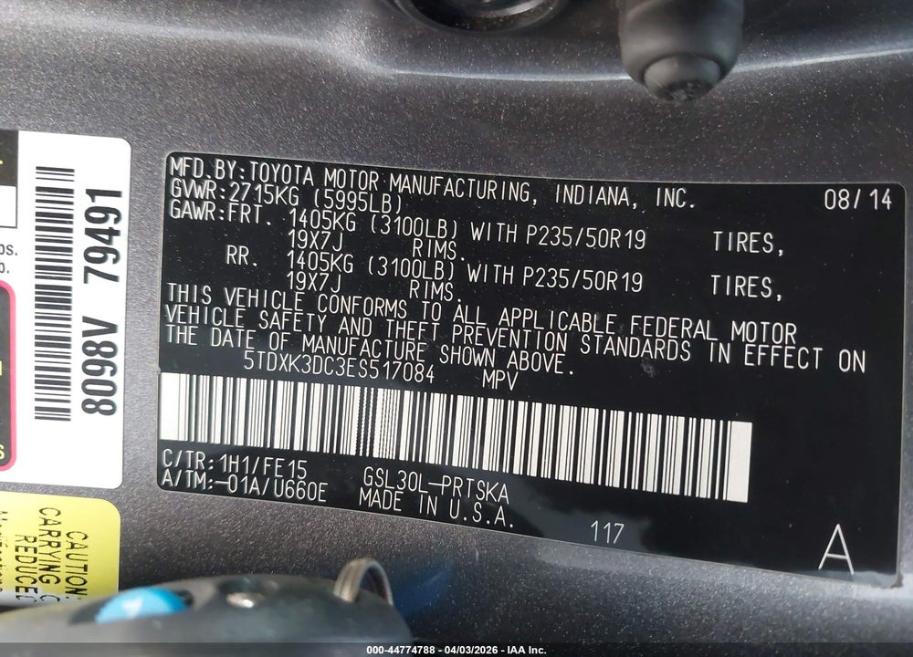 2014 TOYOTA SIENNA SE 8 PASSENGER VIN: 5TDXK3DC3ES517084