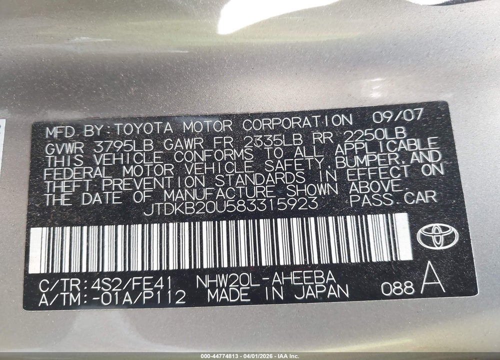 2008 TOYOTA PRIUS VIN: JTDKB20U583315923