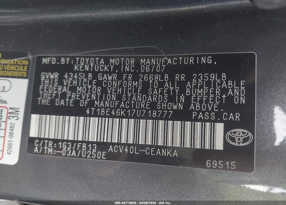 2007 TOYOTA CAMRY LE VIN: 4T1BE46K17U718777