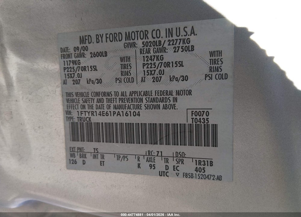 2001 FORD RANGER EDGE/XLT VIN: 1FTYR14E61PA16104