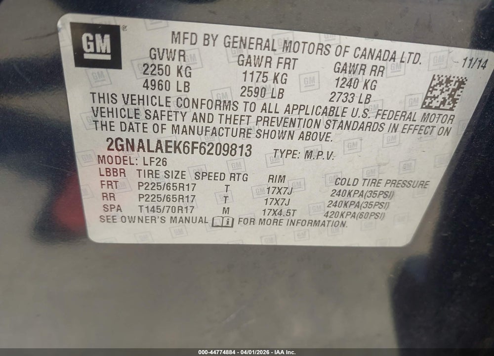 2015 CHEVROLET EQUINOX LS VIN: 2GNALAEK6F6209813