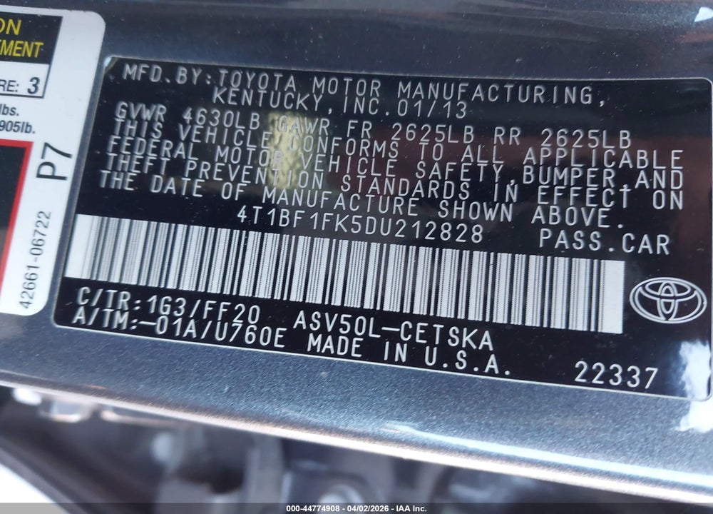 2013 TOYOTA CAMRY SE VIN: 4T1BF1FK5DU212828