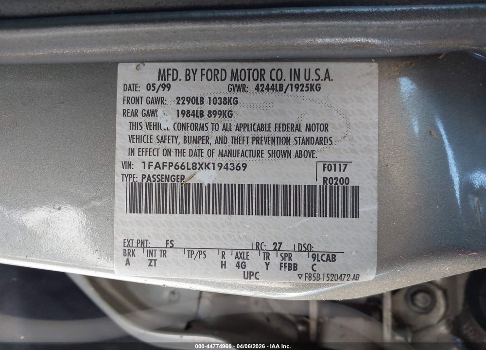 1999 FORD CONTOUR SE VIN: 1FAFP66L8XK194369