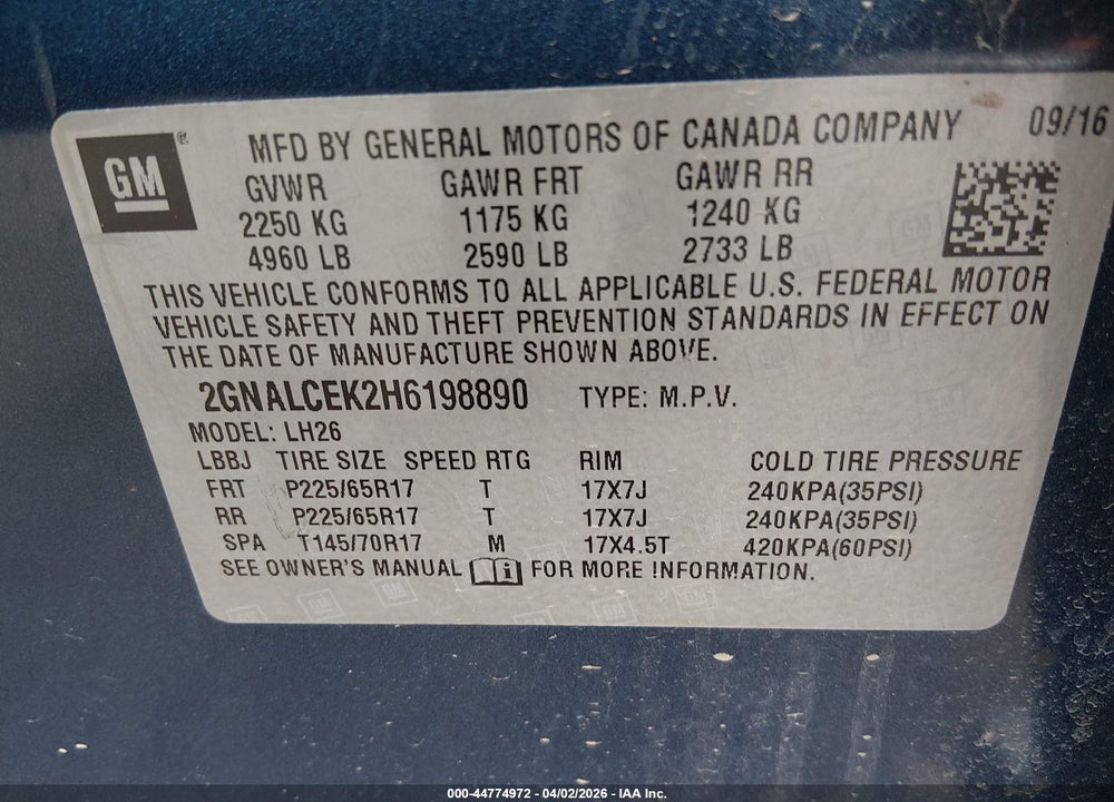 2017 CHEVROLET EQUINOX LT VIN: 2GNALCEK2H6198890