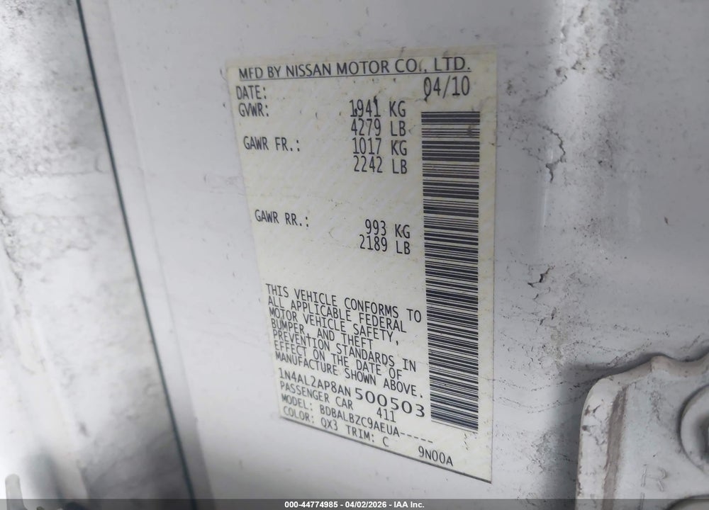 2010 NISSAN ALTIMA 2.5 S VIN: 1N4AL2AP8AN500503