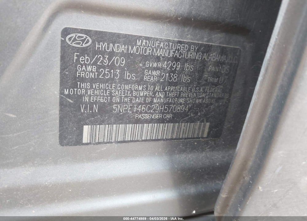 2009 HYUNDAI SONATA GLS VIN: 5NPET46C29H570894