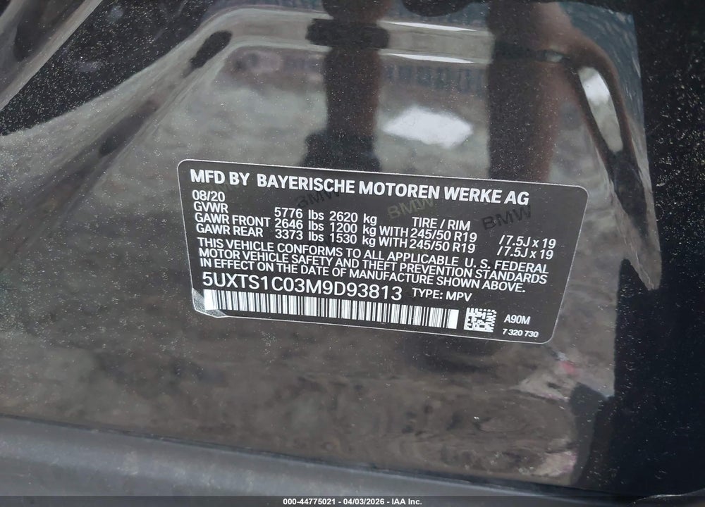 2021 BMW X3 PHEV XDRIVE30E VIN: 5UXTS1C03M9D93813