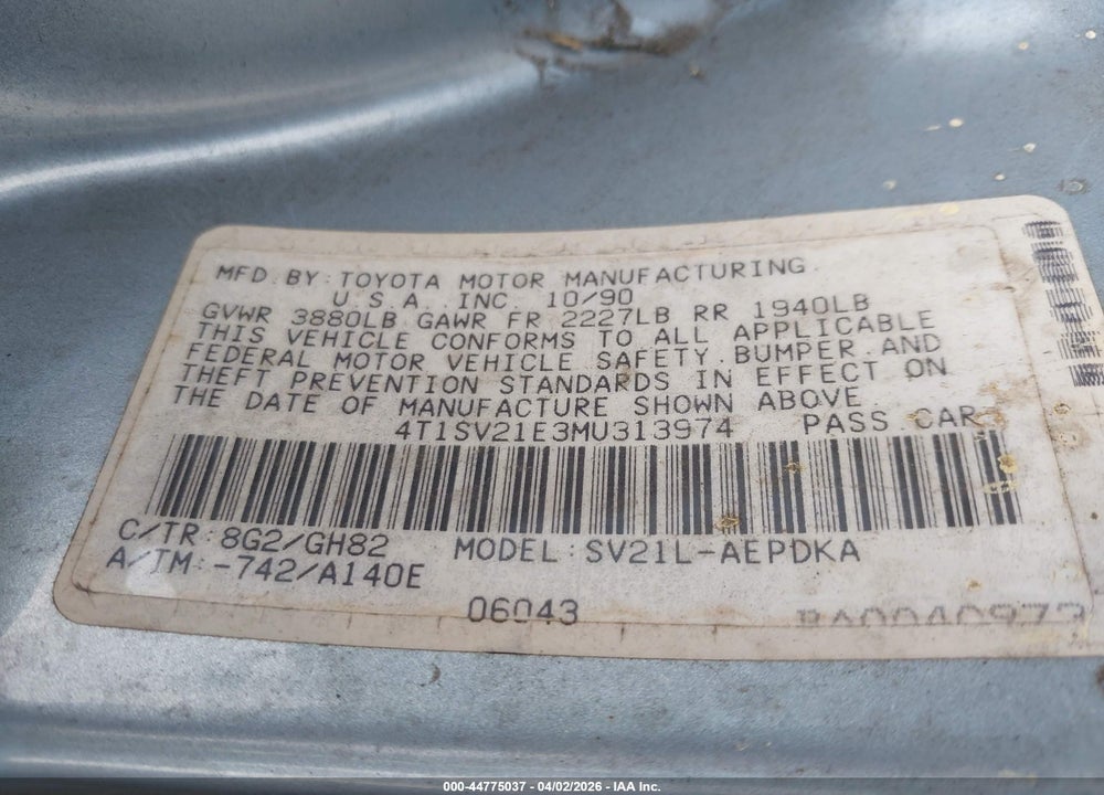 1991 TOYOTA CAMRY DLX VIN: 4T1SV21E3MU313974