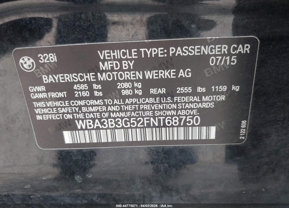 2015 BMW 328I XDRIVE VIN: WBA3B3G52FNT68750