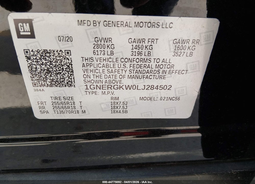2020 CHEVROLET TRAVERSE FWD LT CLOTH VIN: 1GNERGKW0LJ284502