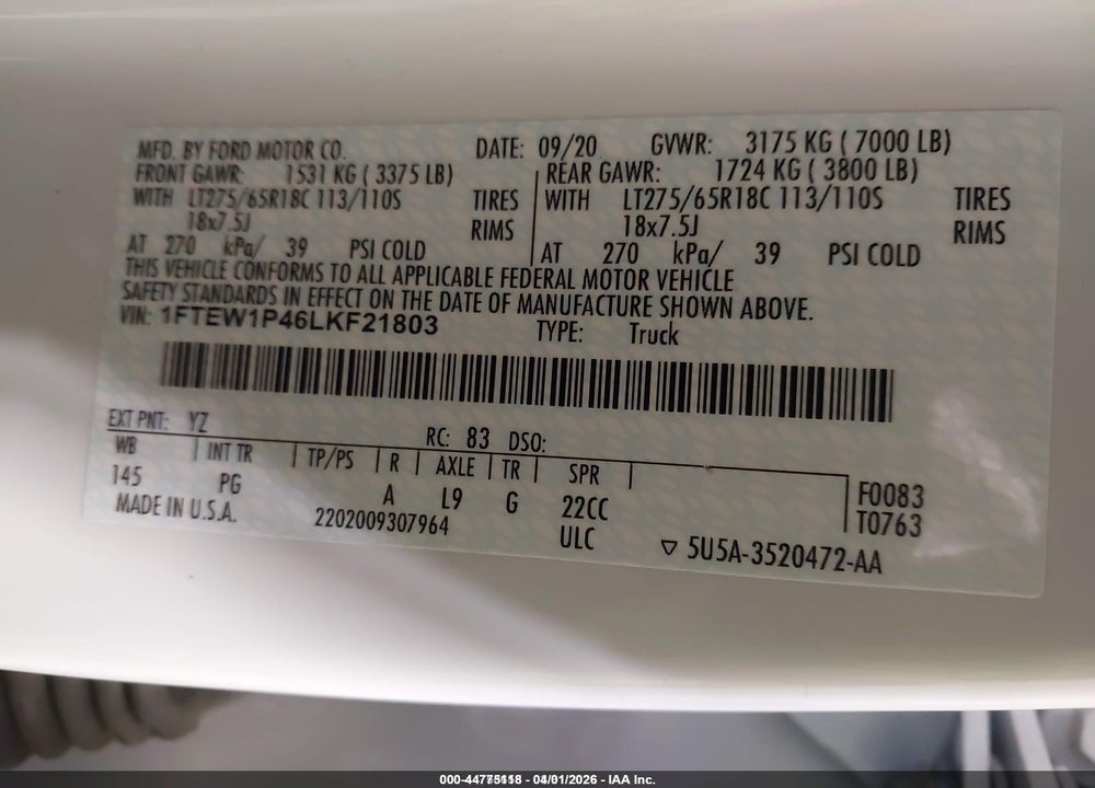 2020 FORD F-150 POLICE RESPONDER XL VIN: 1FTEW1P46LKF21803