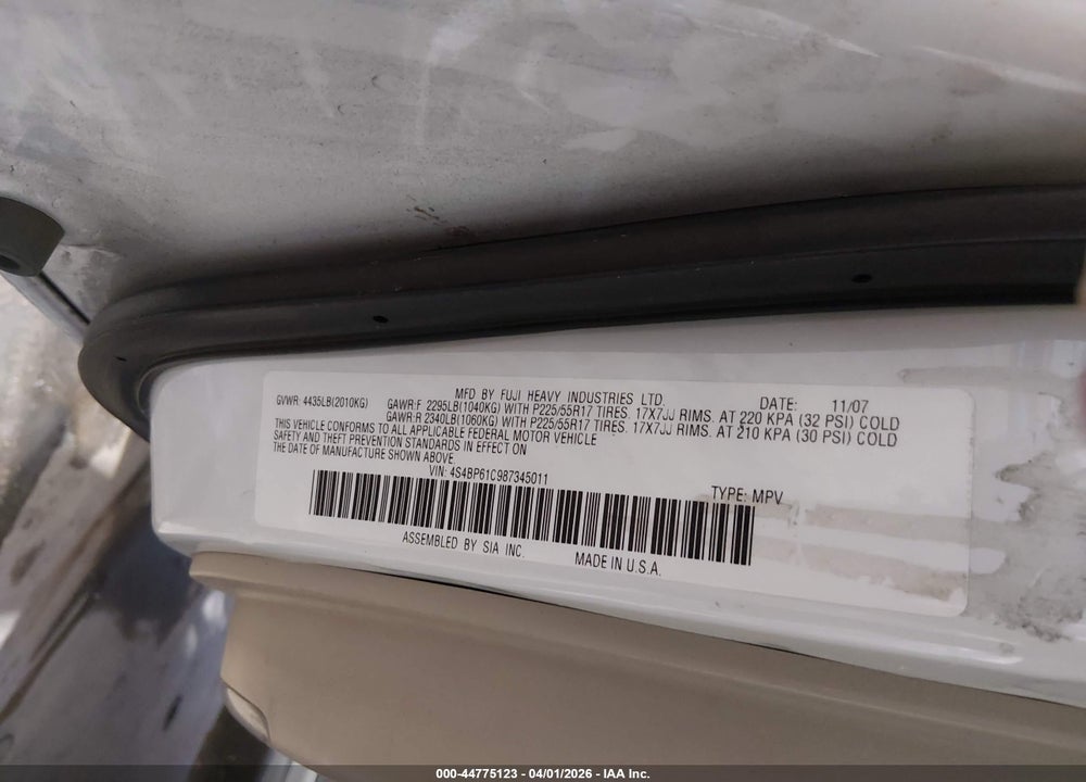 2008 SUBARU OUTBACK 2.5I/2.5I L.L. BEAN EDITION VIN: 4S4BP61C987345011