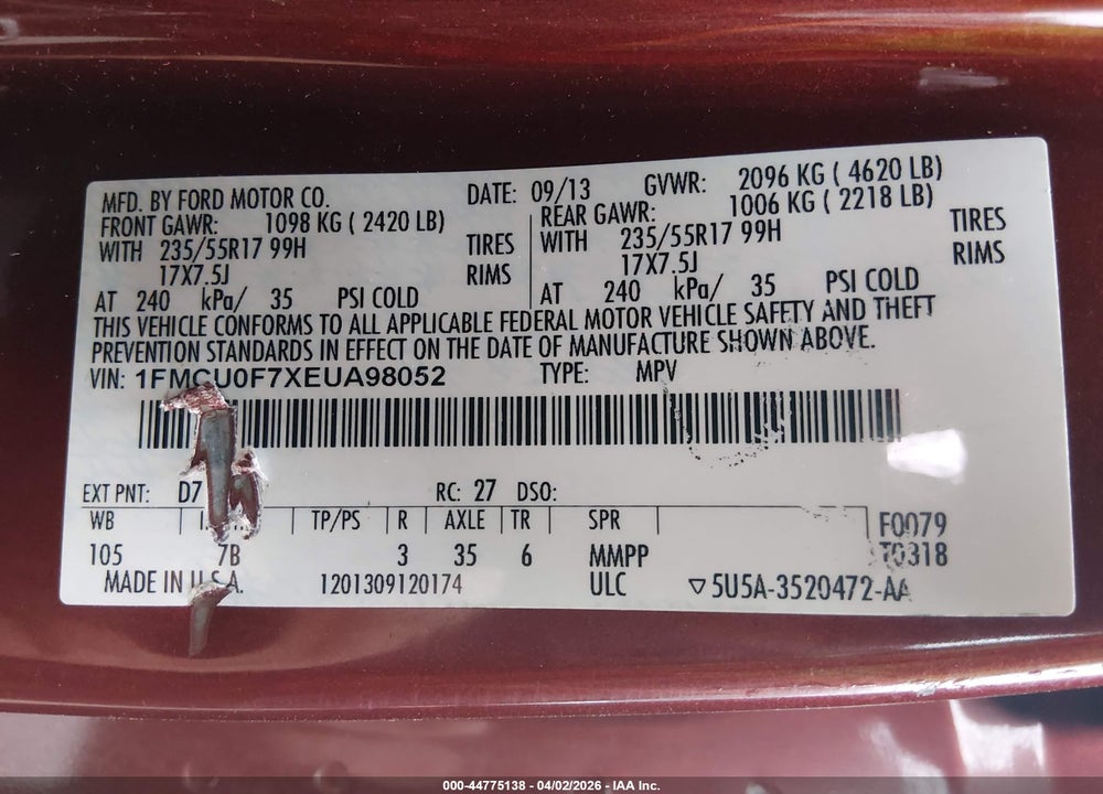 2014 FORD ESCAPE S VIN: 1FMCU0F7XEUA98052